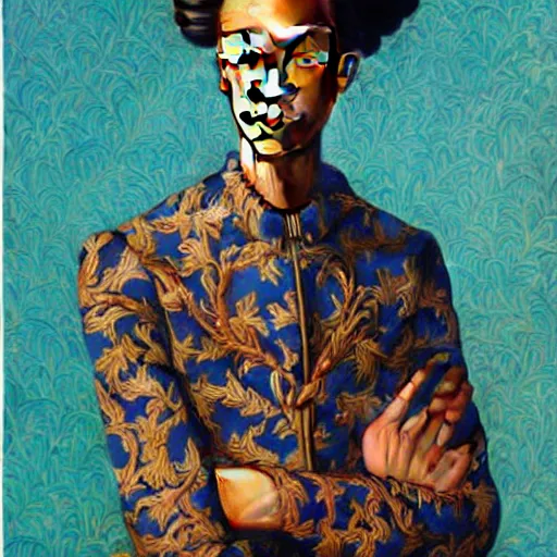 Prompt: A portrait of a skinny stylish and attractive non-binary person, oil painting by Kehinde Wiley, majestic, detailed, high resolution