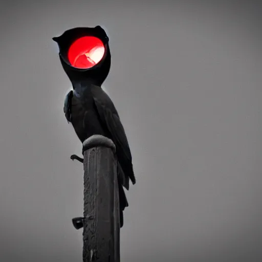 Image similar to ominous dark perched crow with glowing red surveillance camera lens for an eye (detailed realistic photograph) (gritty atmosphere)