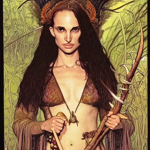Image similar to a realistic, very beautiful and atmospheric portrait of a young natalie portman as a druidic warrior wizard looking at the camera with an intelligent but seductive gaze by rebecca guay, michael kaluta, charles vess and jean moebius giraud