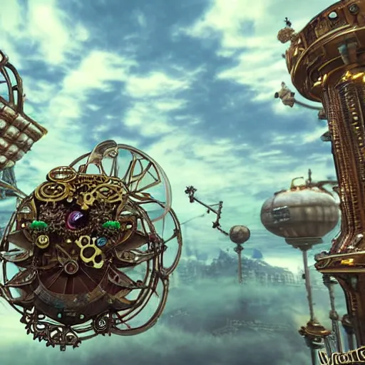 Image similar to flying city in a mechanical flower flower flower flower, sky, steampunk!!!, fantasy art, steampunk, masterpiece, unreal engine