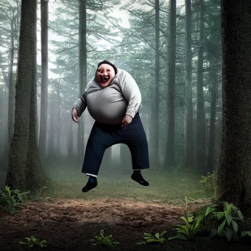 Prompt: fat happy man tap dancing on a table in a forrest, stunning detail, hyperreal rendering, octane render, highly detailed, cinematography atmosphere, dramatic, 4k