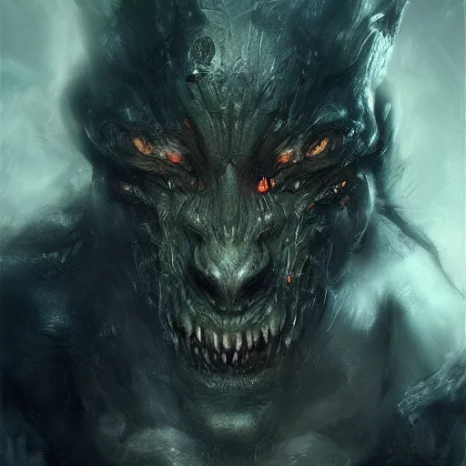 Prompt: portrait of a humanoid monster, feral, horrific, drawn by Ruan Jia, fantasy art, dramatic lighting, digital art,highly detailed