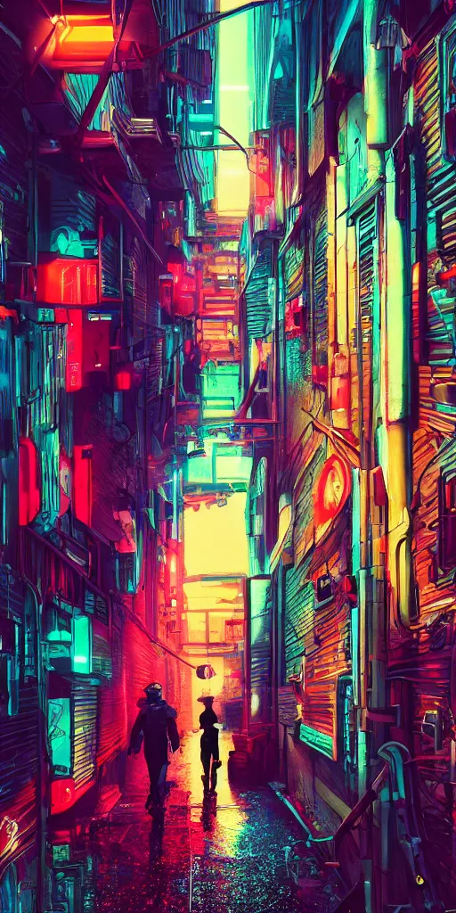 Prompt: cyberpunk alley with a person, pop art, rtx, 8 k, ray tracing, highly detailed, cold colors, rain,