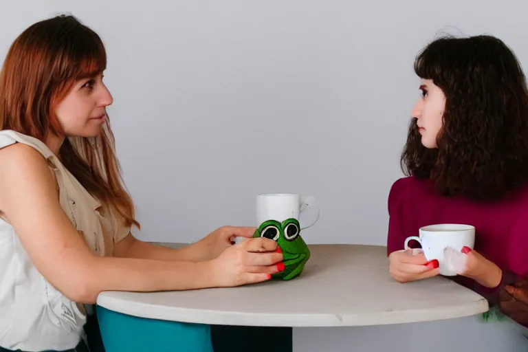 Prompt: girl on a date with pepe the frog drinking coffee, 8 0 s style, studio photo, natural lighting