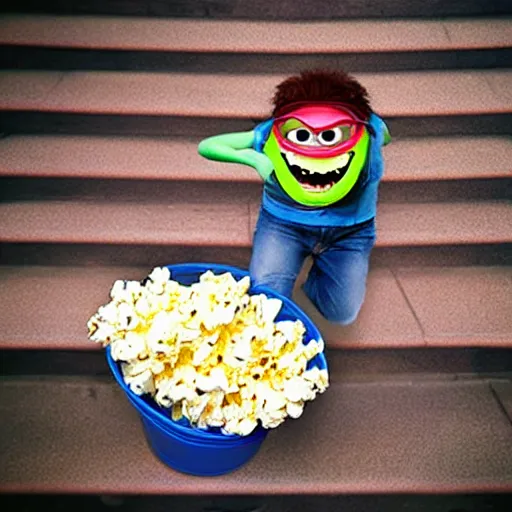 Prompt: mike wazowski from monsters inc falling down the stairs with a bucket of popcorn, iphone photo