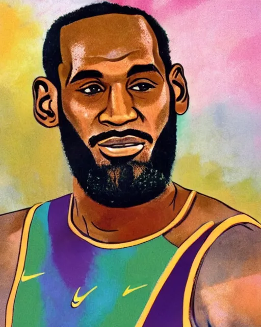 Image similar to a portrait of a 1 9 6 0 s hippie looking like lebron james