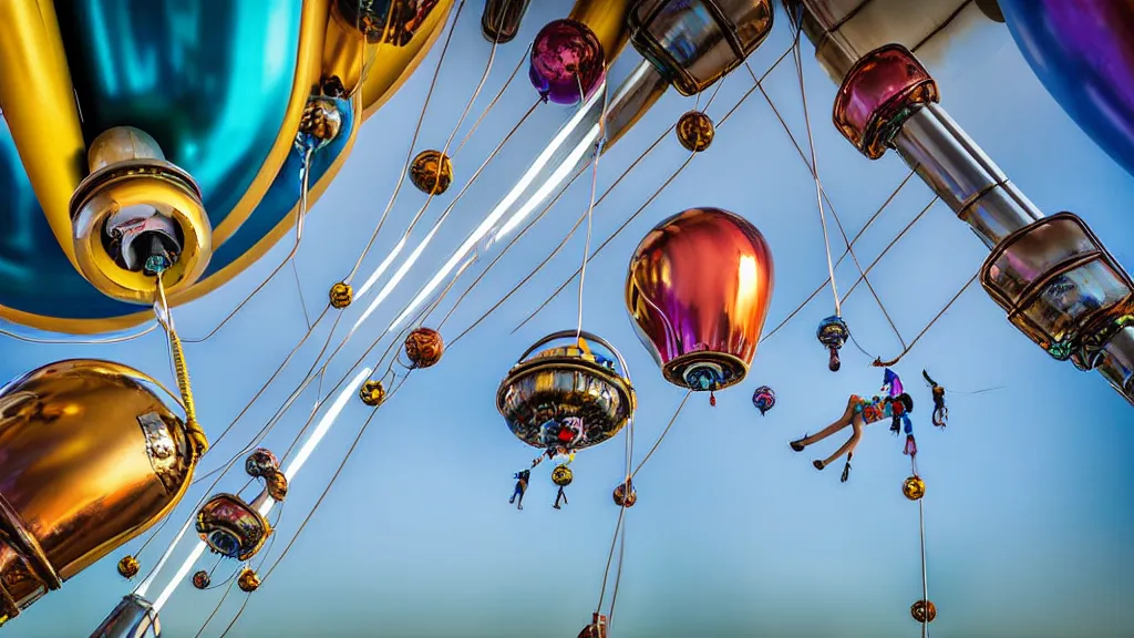 Image similar to large colorful futuristic space age metallic steampunk balloons with pipework and electrical wiring around the outside, and people on rope swings underneath, flying high over the beautiful futuristic city landscape, professional photography, 8 0 mm telephoto lens, realistic, detailed, photorealistic, photo journalism