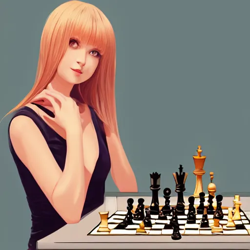 Image similar to portrait by ilya kuvshinov of a beautiful blonde girl playing chess at a table, slight smile, symmetrical face, trending on pixiv, fhd, detailed, subdued color palette