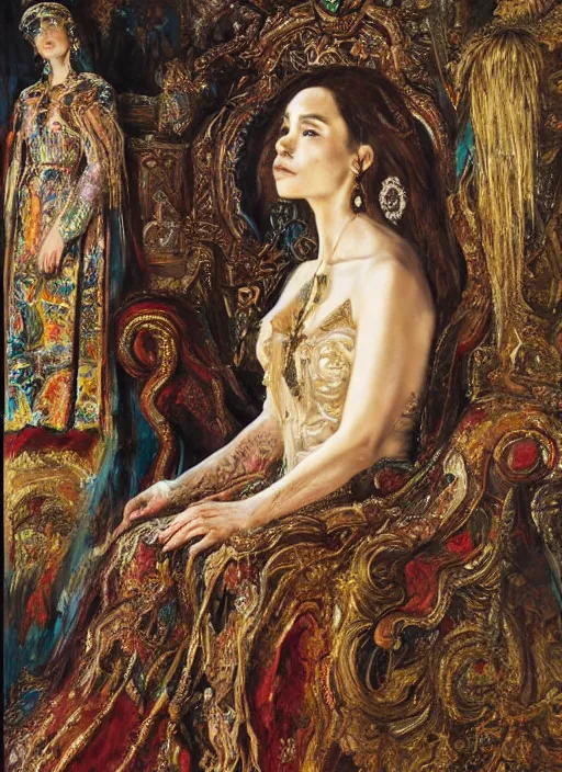 Prompt: oil painting of portait Queen of Ecstasy in a large throne room, Hungarian, Emilia Clarke by Yoshitaka Amano, by Georgia o Keeffe, by Gustave Moreau