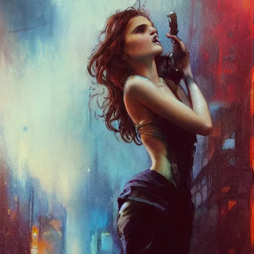 Image similar to full figure bella thorne, hyperrealistic portrait, bladerunner street, art of elysium by frank frazetta and jeremy mann and alphonse mucha, fantasy art, photo realistic, dynamic lighting, artstation, poster, volumetric lighting, very detailed face, 4 k, award winning