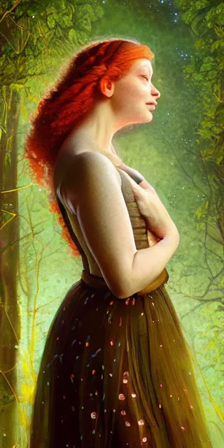 Image similar to young woman, smiling amazed, surrounded by firefly lights, full covering intricate detailed dress, amidst nature, long red hair, precise linework, accurate green eyes, small nose with freckles, smooth oval shape face, empathic, expressive emotions, dramatic lights, hyper realistic ultrafine art by artemisia gentileschi, jessica rossier, boris vallejo