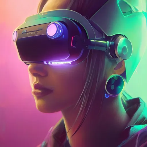 Image similar to portrait of a beautiful cybernetic punk girl wearing a oculus rift headset, cyberpunk concept art by pete mohrbacher and artgerm and wlop and deathburger and syd mead, digital art, highly detailed, intricate, sci-fi, neon colors, sharp focus, Trending on Artstation HQ, deviantart, unreal engine 5, 4K UHD image