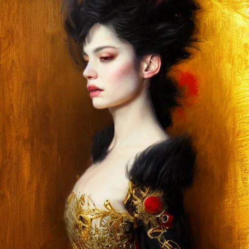 Image similar to portrait of a red king, sharp focus, black hair, baroque, full body, highly detailed, intricate, masked, white, regal clothing, gold ethereal light, high fantasy, by livia prima