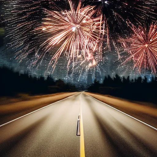 Image similar to a [ bmw 7 ]!! driving on an empty highway at [ night ]!, [ fireworks in the sky ]!!, in a forest, trending on unsplash, [ 4 k photorealism ]!!, [ golden ratio ]!!, centered!!