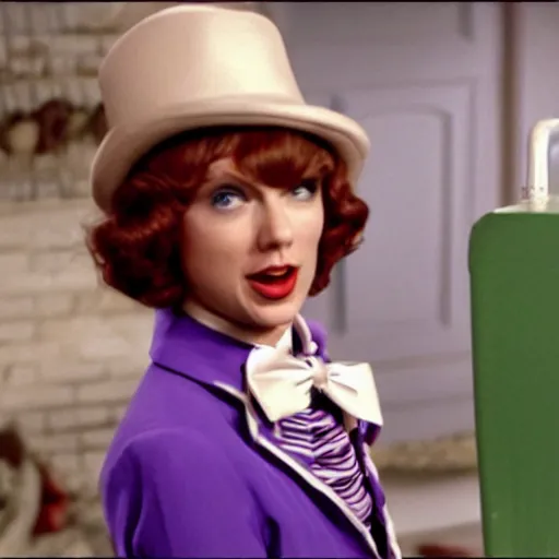 Prompt: still of taylor swift as willy wonka in willy wonka and the chocolate factory