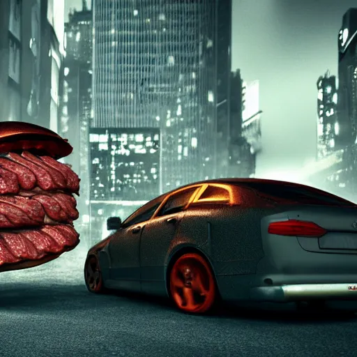 Prompt: car made of meat, 8 k, octane render, scary, dark, city in backround, meaty, very meaty, super super meaty