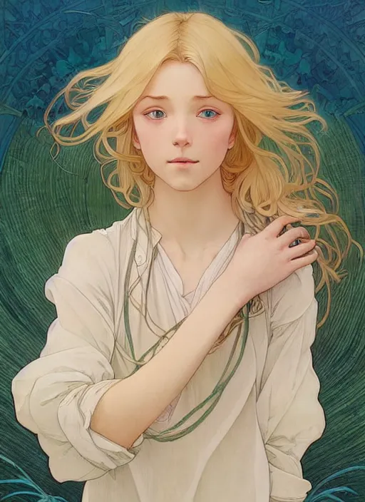 Prompt: pretty young man with shoulder length blond hair, half body shot, path traced, highly detailed, high quality, digital painting, by studio ghibli and alphonse mucha, leesha hannigan, hidari, disney, jules bastien - lepage, art nouveau, android jones, andreas rocha, conrad roset