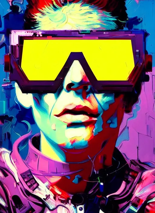 Prompt: an angelic hacker in vast cyberspace glitching through a vulnerable server, wearing sunglasses, futuristic clothes, vibrant colors, rule of thirds, spotlight, drips of paint, expressive, passionate, by greg rutkowski, by jeremy mann, by francoise nielly, by van gogh, digital painting