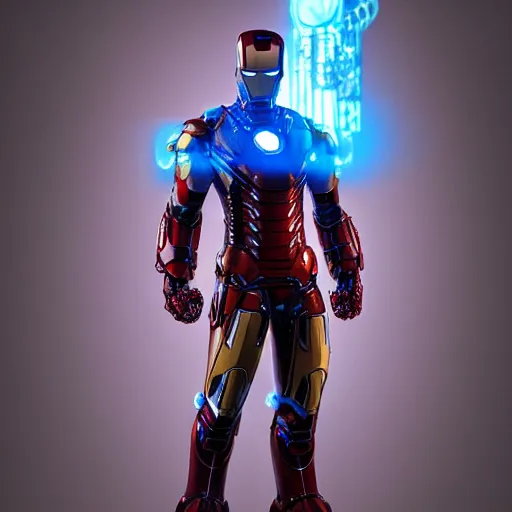 Image similar to steampunk, Iron Man , ornate, full body details, smooth, sharp focus, illustration, realistic, cinematic, artstation, award winning, rgb, ethereal blue lighting, 8K, H 1088