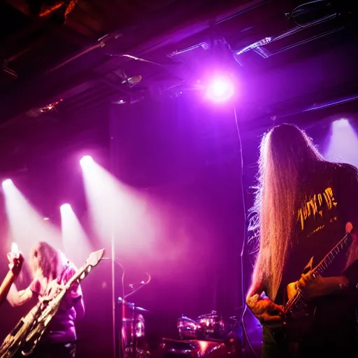 Image similar to a heavy metal band playing live music on stage in a tiny pub in England, empty room, dark concert lighting, center angle, close shot, professional photograph