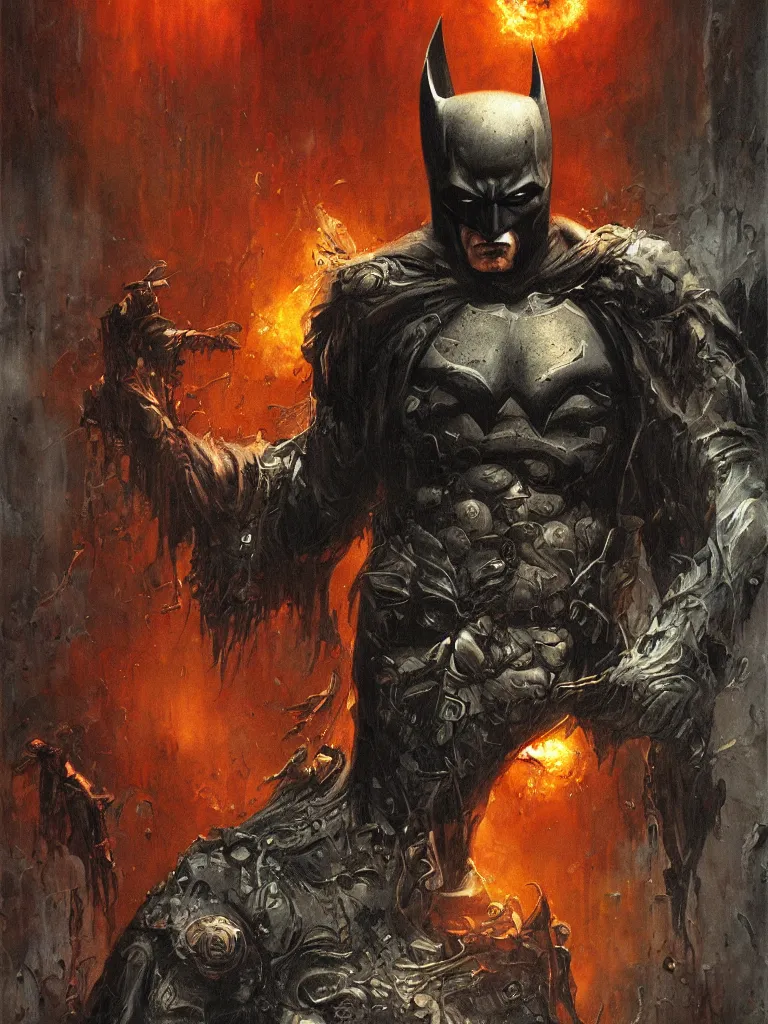 Prompt: ancient damned batman, dark and gritty, fantasy artwork, warm colors, by seb mckinnon