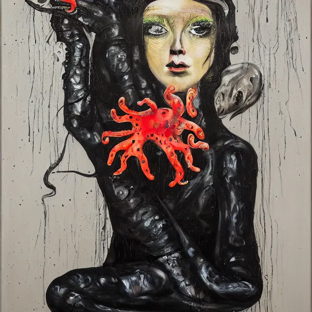 Prompt: a portrait in a dark apartment, a widow holding an octopus, streetlamps, wet, puddles, wild berries, rats, ikebana, neo - expressionism, surrealism, acrylic and spray paint and oilstick on canvas