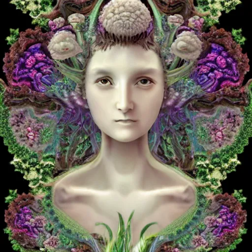 Prompt: a fully dressed idealistic marble statue with beautiful porcelain face with fractal flowery hair in a fractal garden, glowing delicate flower and mushrooms that grow in a dark fatansy forest on the planet pandora,, symmetrical,