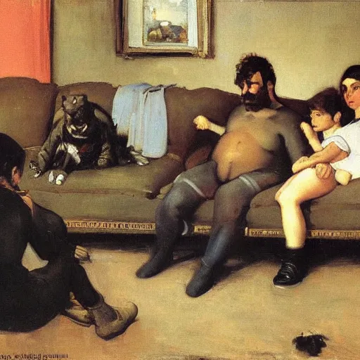 Image similar to oil on canvas painting by gustave courbet [ 1 8 6 6 ] of the simpsons as humans watching tv from their family room couch, 8 k, 4 k