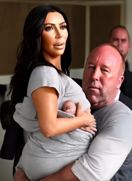 Image similar to film still of kim kardashian being cradled to sleep by alex jones, 8 k