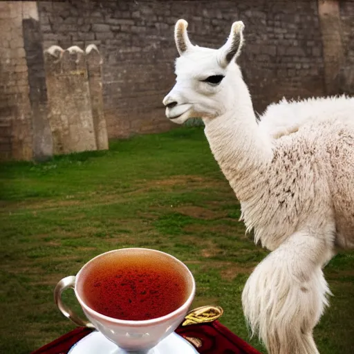 Image similar to a llama having tea with the queen, 8k, award winning photo, digital art