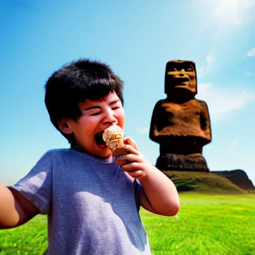 Image similar to a very upset and crying kid holding an ice cream cone with a small moai statue in the ice cream cone, 4 k photograph