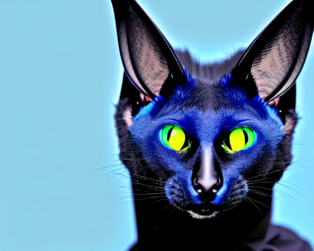 Image similar to a blue - and - black male blue / green heterochromatic catbat fursona with blue / green heterochromatic eyes ( one eye green ) and huge bat ears, photo of the catbat streaming on his computer