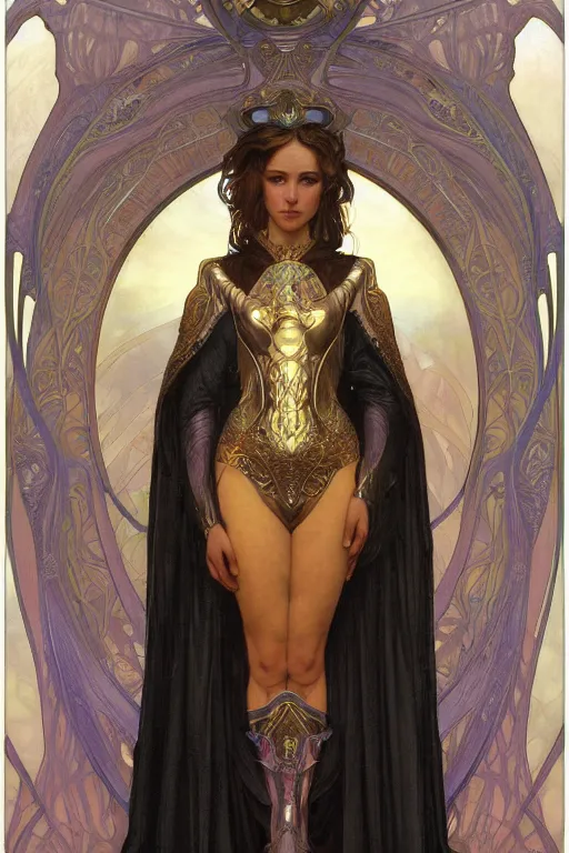 Image similar to a young woman wearing iridescent art nouveau armor symmetrical portrait, character concept art, art nouveau oilpainting, trending in artstation, cgsociety, by Donato Giancola, Alphonse Mucha, Artgerm and William Bouguereau