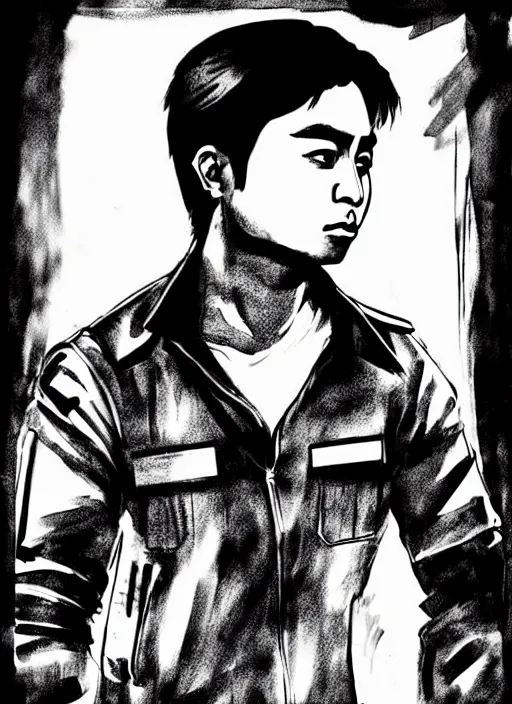 Image similar to coco martin as cardo dalisay from ang probinsyano in a poster shot, in the style of yoji shinkawa, ink on paper, gritty, dark hues