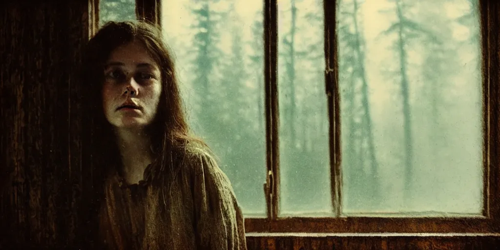 Image similar to portrait bust of young woman, solemn expression, faded color film, russian cinema, tarkovsky, kodachrome, old cabin, next to window, heavy forest outside, long brown hair, old clothing, heavy fog, hudson river school, 4 k, dramatic lighting, greg rutkowski