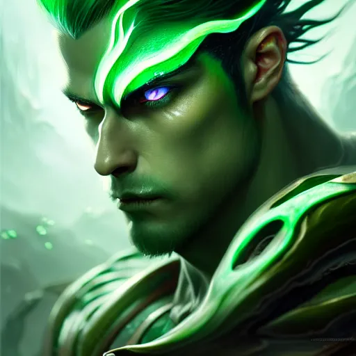 Image similar to a highly detailed portrait of a man with dark green hair and green glowing eyes, high detail clothing, fantasy, elegant, highly detailed, digital painting, artstation, concept art, smooth, sharp focus, illustration, artbook, dynamic pose, splash art, promo art, soul caliber, art by artgerm and greg rutkowski and bo chen and jin xiaodi