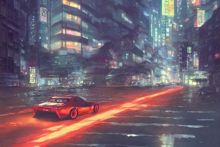 Prompt: akira autozam az - 1 speeding through tokyo at night by greg rutkowski makoto shinkai takashi takeuchi studio ghibli, akihiko yoshida