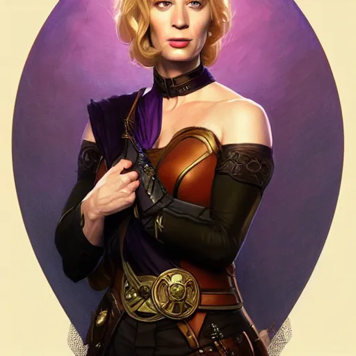 Image similar to Emily Blunt as Susan Storm, western, D&D, fantasy, intricate, elegant, highly detailed, digital painting, artstation, concept art, matte, sharp focus, illustration, art by Artgerm and Greg Rutkowski and Alphonse Mucha