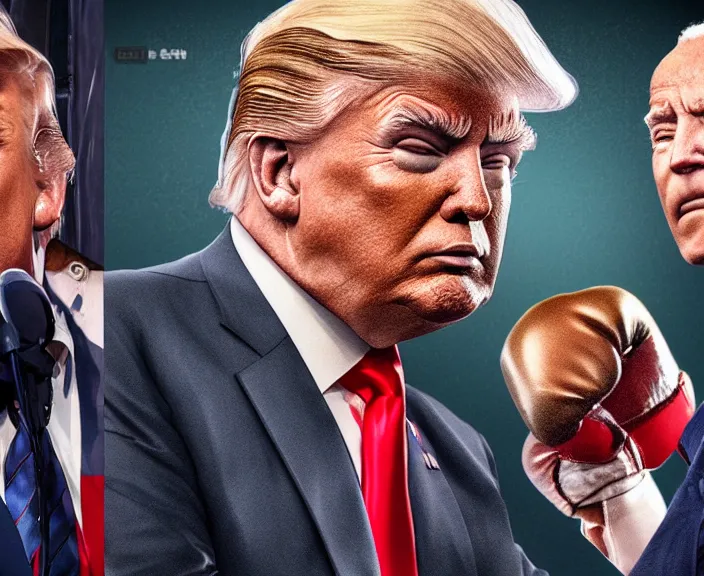 Prompt: hyper detailed ultra sharp full body character portrait of donald trump in a boxing match with joe biden, cinematic lighting, good value control, league of legends splash art, photorealistic eyes, smooth, realistic shading, enhance face, painted texture maps,