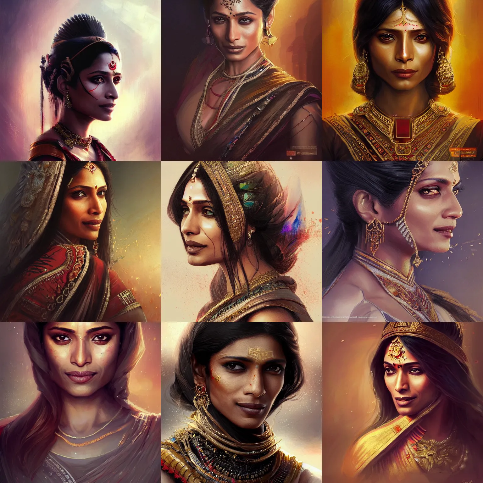 Prompt: indian empress, freida pinto, art by artgerm and greg rutkowski and magali villeneuve, portrait, highly detailed, headshot, intricate, elegant, digital painting, trending on artstation, concept art, sharp focus, illustration