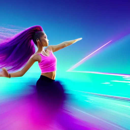 Image similar to a award winning half body shot of a beautiful woman in a croptop with a ombre purple pink teal hairstyle with head in motion and hair flying, outrun, vaporware, vivid colors, highly detailed, fine detail, intricate