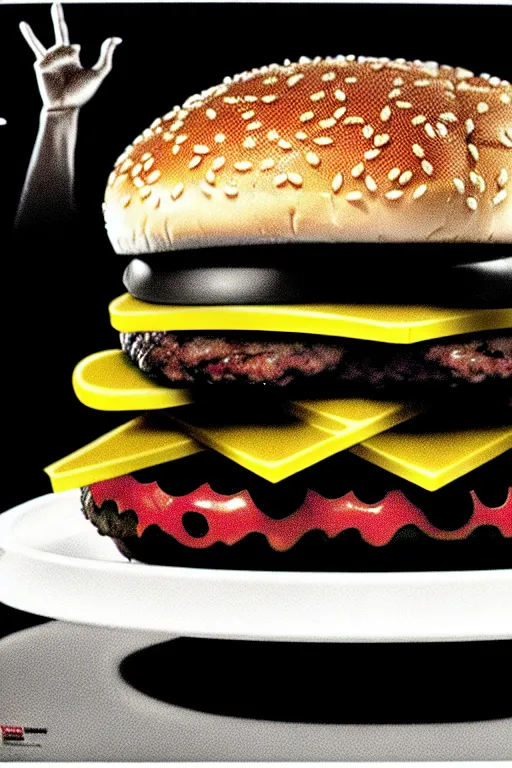 Prompt: mcdonald's horror retro tv advertisement!, nightmare!, burger surrounded by worms!!!, black and white, ultra realistic, 4 k, digital art, cinematic style of david kronenberg