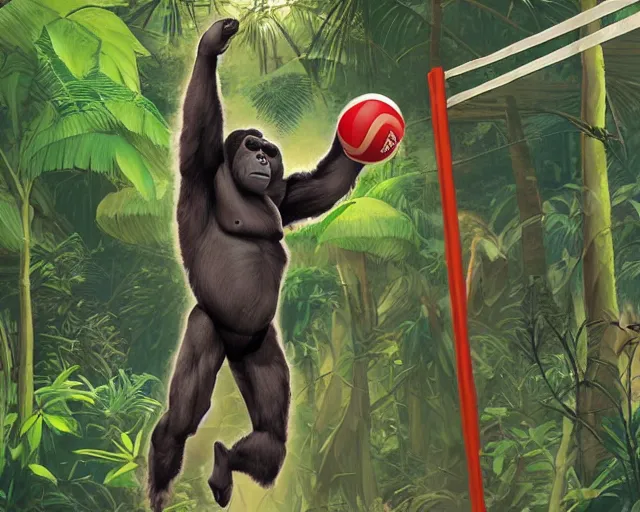 Prompt: a gorilla holding a volleyball and playing volleyball in a jungle, volleyball net, digital illustration, inspired by greg rutkowski and artgerm, high detail