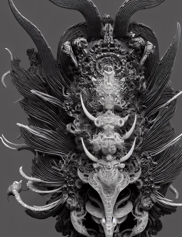 Image similar to 3 d goddess close - up profile satan biohazard portrait with crown, ram skull. beautiful intricately detailed japanese crow kitsune mask and clasical japanese kimono. betta fish, jellyfish phoenix, bio luminescent, plasma, ice, water, wind, creature, artwork by tooth wu and wlop and beeple and greg rutkowski