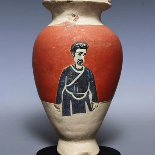 Image similar to a beautiful ancient greek amphora museum ceramic pottery vase depicting stalin waving