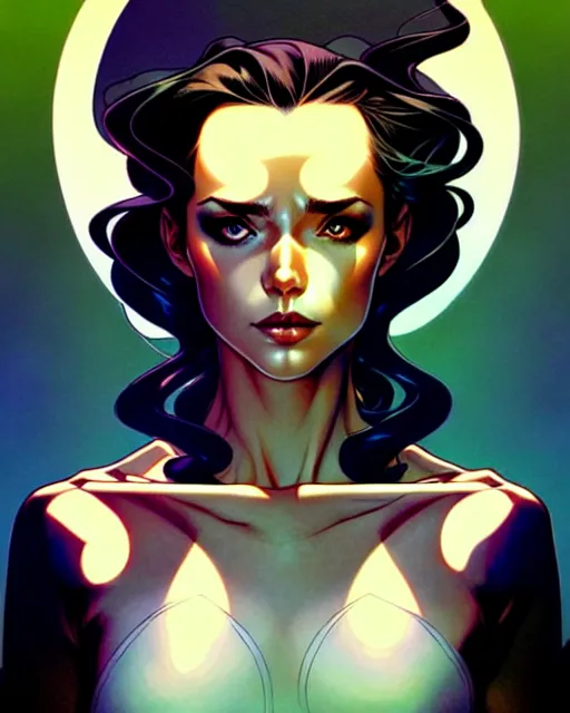 Image similar to artgerm, joshua middleton comic cover art, full body pretty even rachel wood faye, symmetrical eyes, symmetrical face, long curly black hair, beautiful forest, cinematic lighting