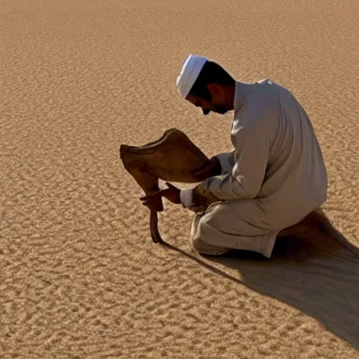 Prompt: eric zemmour reading quran on a camel, sand desert background, realistic footage, sharp focus