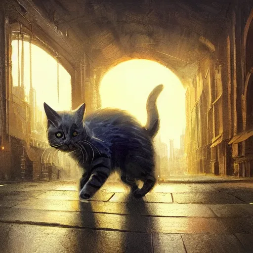 Image similar to Concept art, beautiful painting of a cat, shining its light among stars, wandering around a metropolis city, 8k, james gurney, greg rutkowski, john howe, artstation