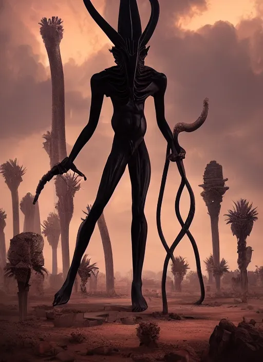 Image similar to nyarlothotep the black pharoh. tall, striking figure. standing in a desert of skulls. digital matte painting. rim light, beautiful lighting, 8 k, stunning scene, raytracing, octane, trending on artstation, lush colors.