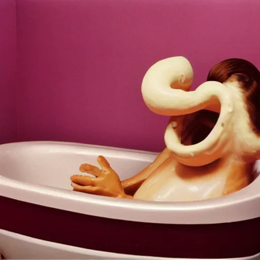 Image similar to a female anthropomorphic intestine in a bathtub, children's television show, 1974, technicolor